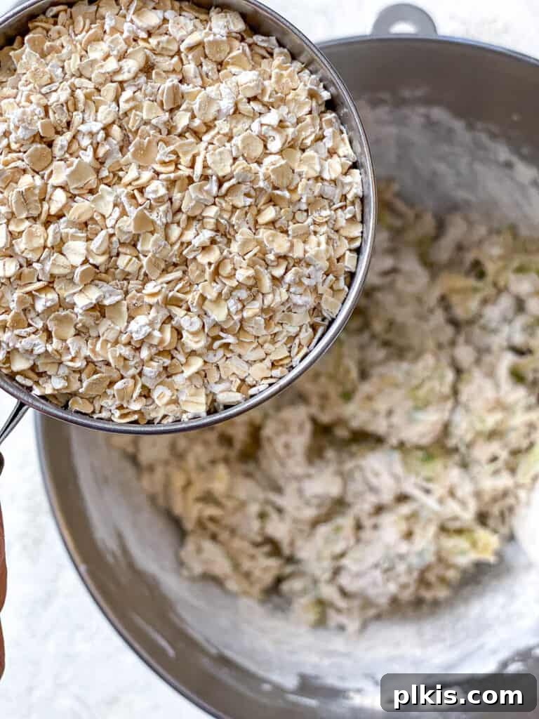 Wholesome Zucchini Oat Delights 18 process shot showing adding oatmeal to bowl