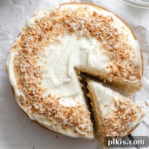 Completed Vegan Coconut Cake on white surface.