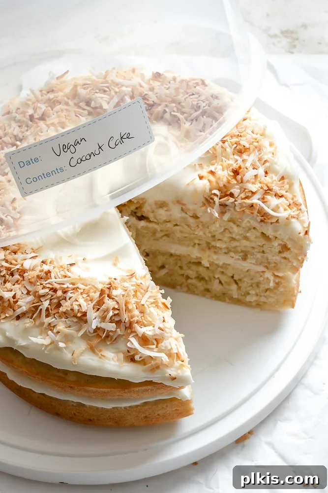 Tropical Coconut Bliss 10 Completed Vegan Coconut Cake in storage container.