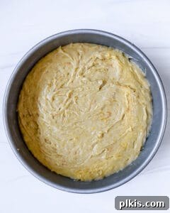 Sun-Kissed Orange Olive Oil Cake 7 The smooth Orange Olive Oil Cake batter perfectly poured into a prepared round cake pan, ready for baking.