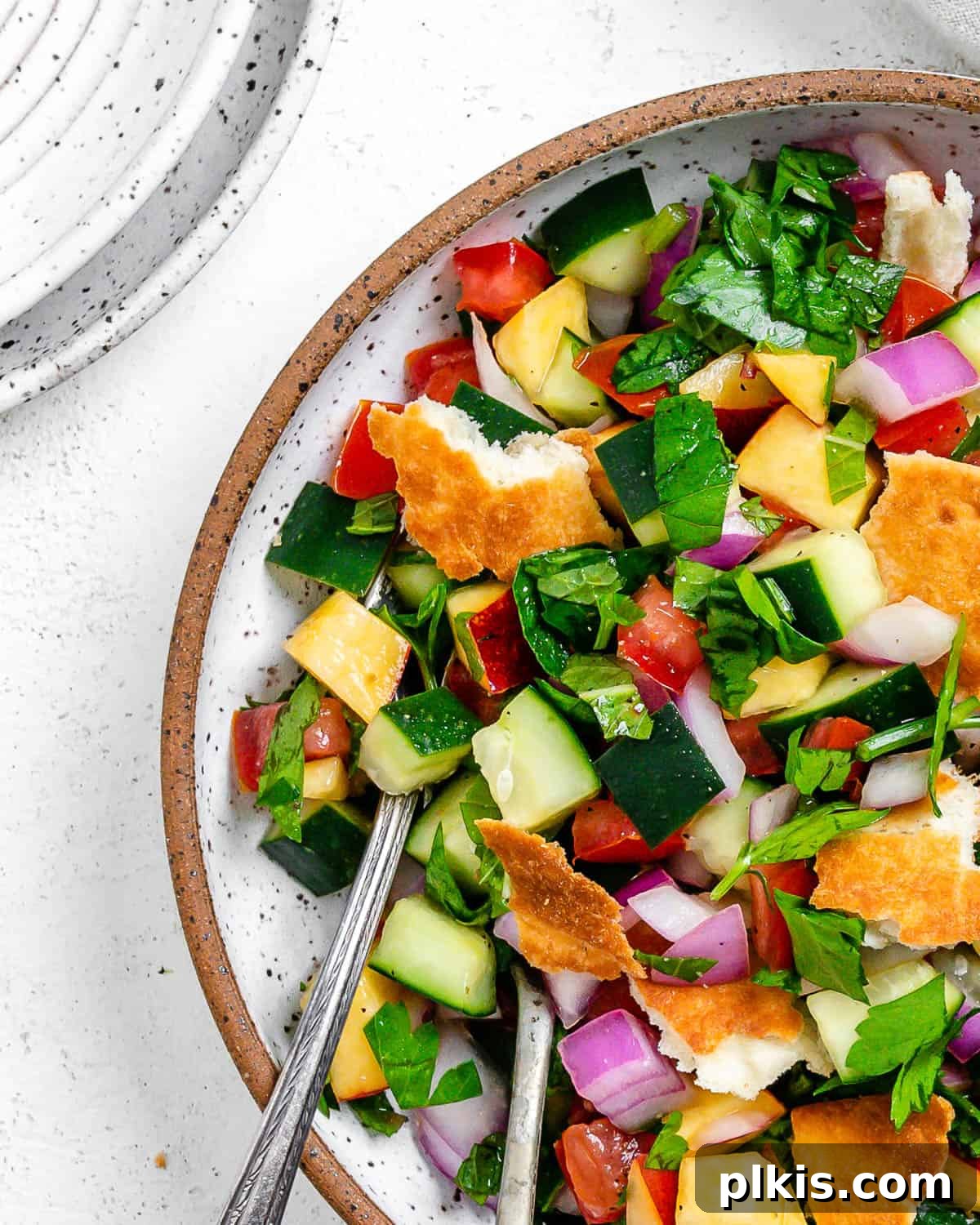 Zesty Fattoush Crunch 10 Completed Easy Summer Fattoush Salad in a white bowl against a light background