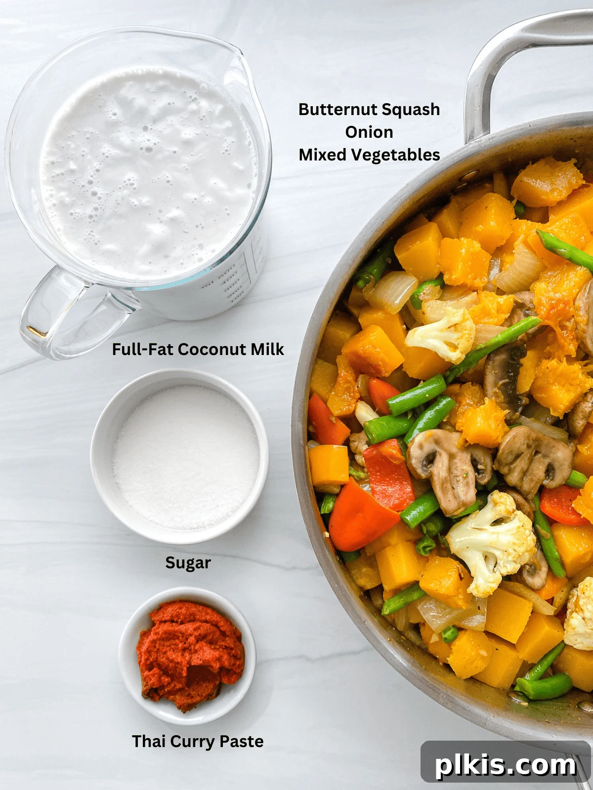 Golden Butternut Curry 3 ingredients for Butternut Squash Curry measured out on a white surface