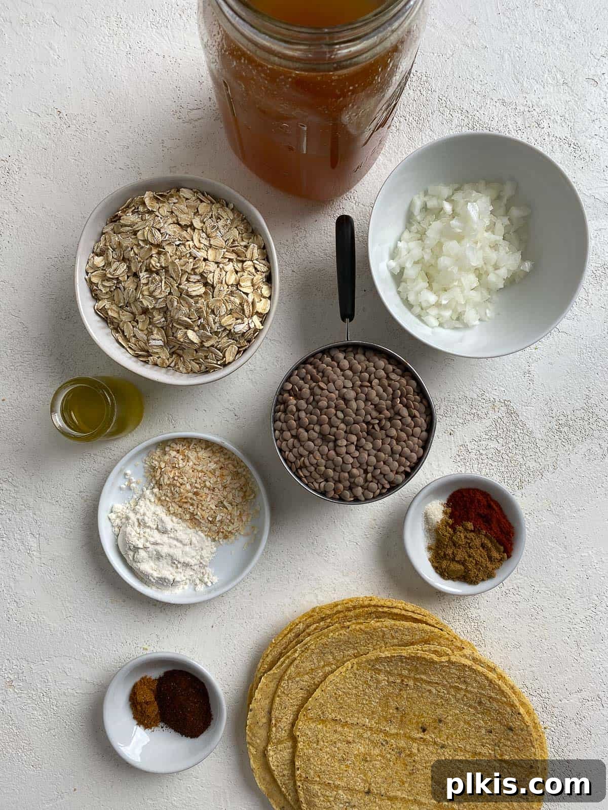 Hearty Plant-Based Lentil Street Tacos 3 ingredients for Plant Based Street Tacos with Lentils measured out against a white surface