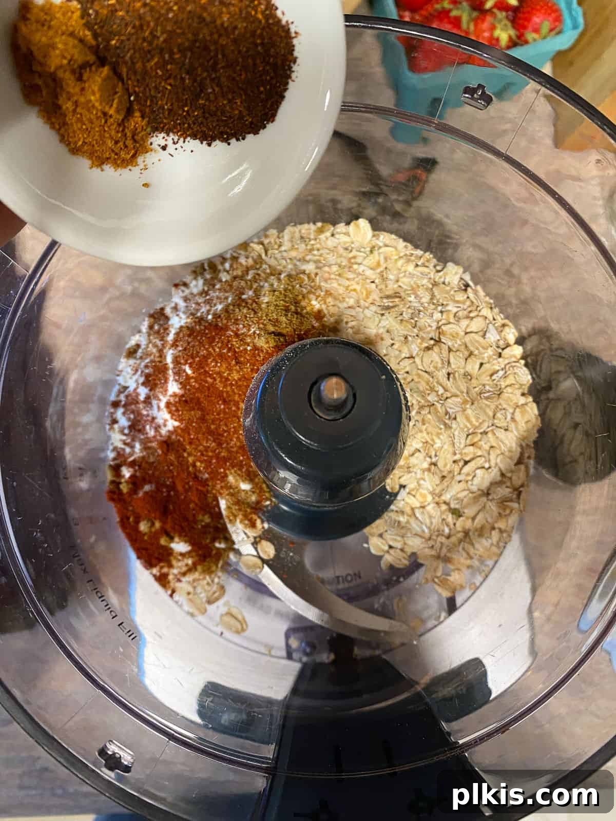 Hearty Plant-Based Lentil Street Tacos 9 process shot of adding spices to food processor