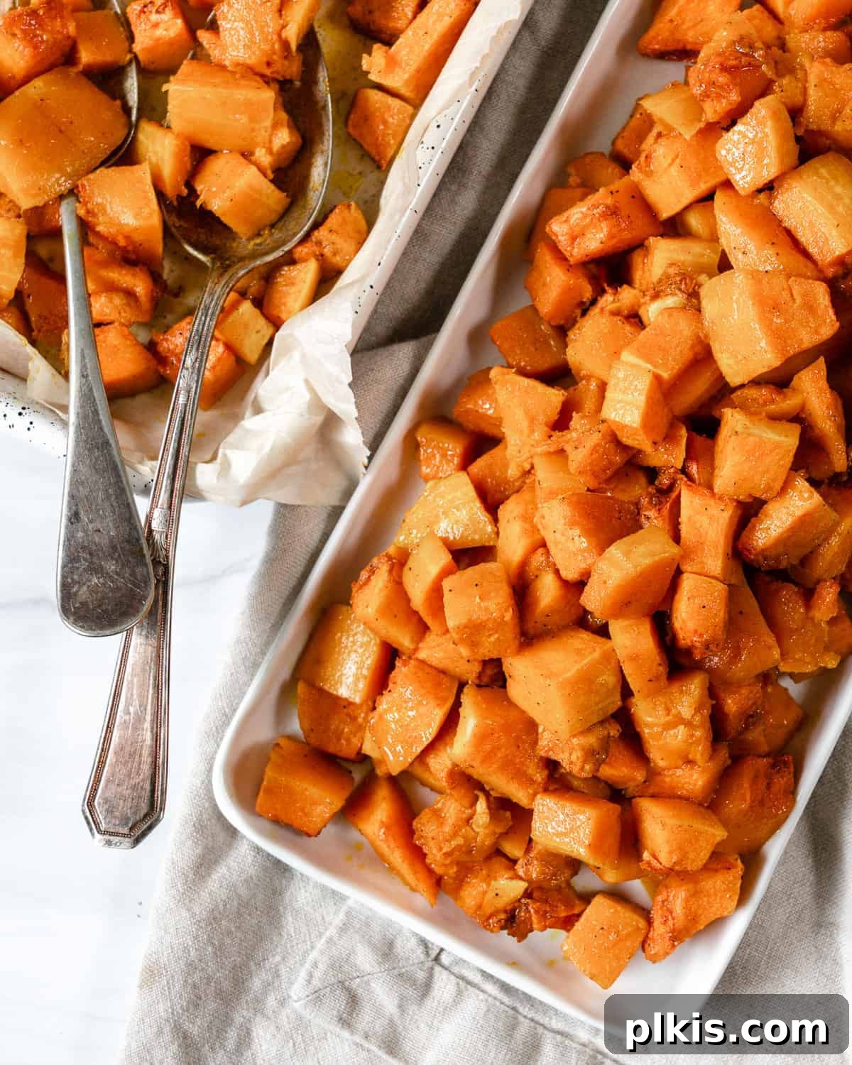 Curried Butternut Squash Roast 10 Finished roasted curried butternut squash in a serving dish, ready to be enjoyed