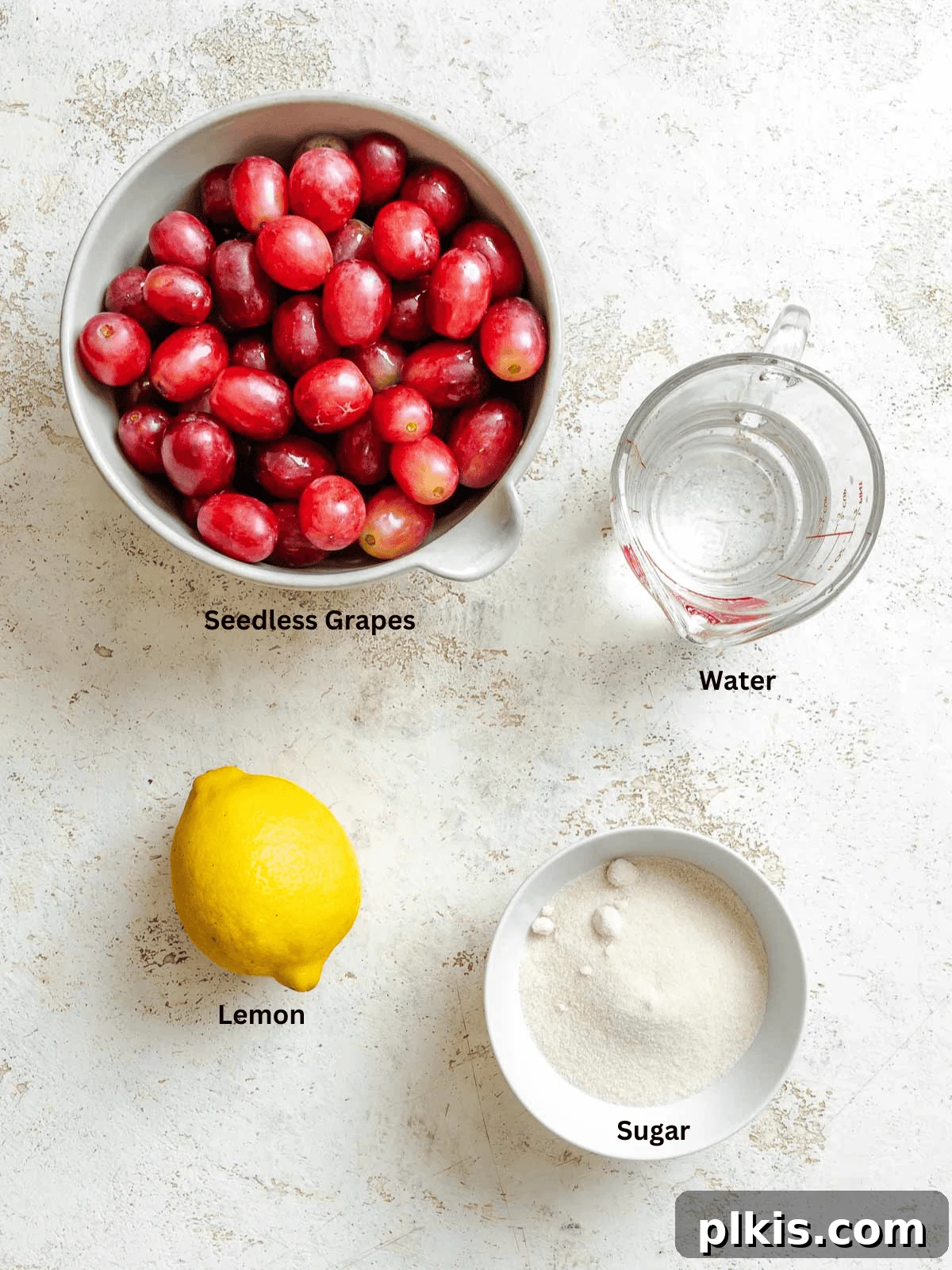 Ruby or Jade Grape Sorbet 3 Ingredients for Easy Grape Sorbet (Red or Green) measured out on a white surface.