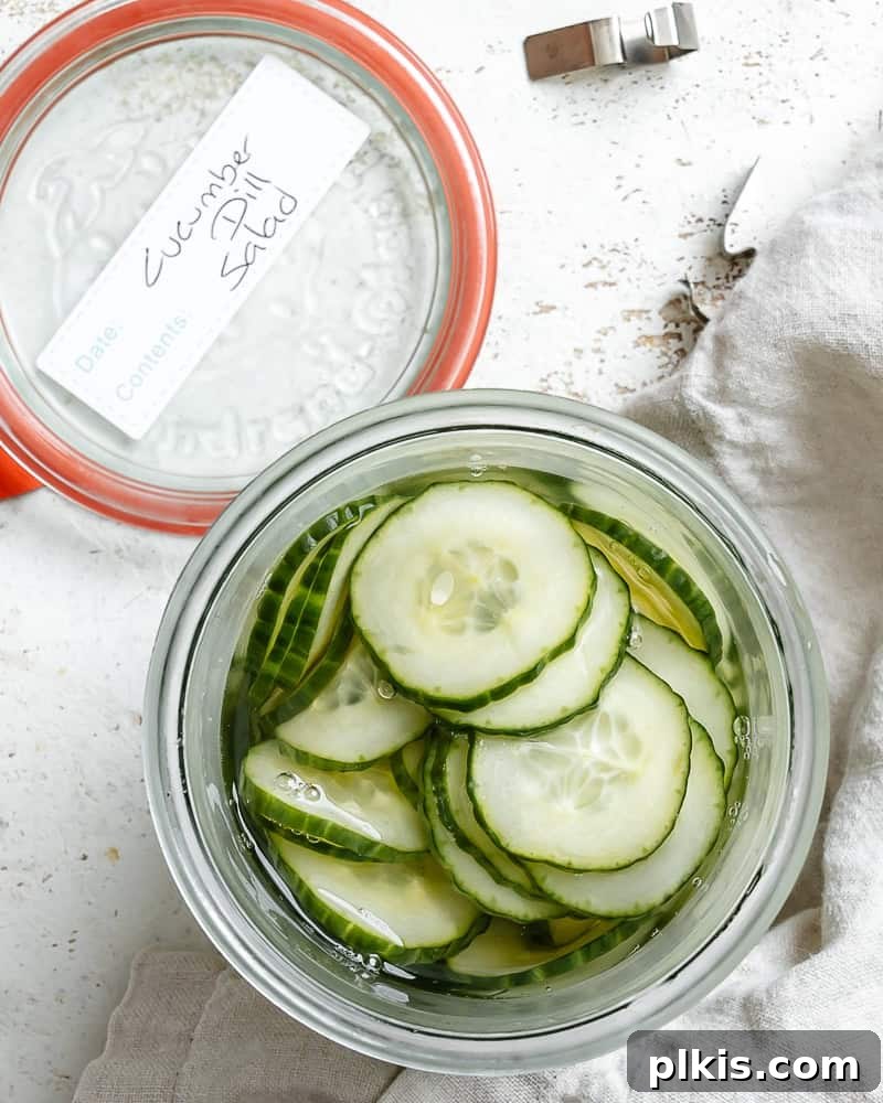 Crisp Cucumber Dill Delight 11 Cucumber dill salad neatly stored in a glass container, ready for refrigeration.