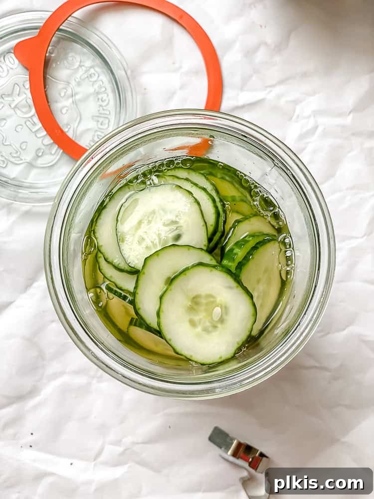 Crisp Cucumber Dill Delight 8 Sliced cucumbers and the sweet and tangy marinade combined in a glass jar, ready for marination.