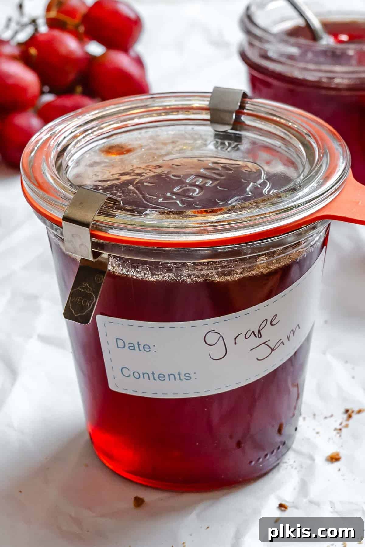 Effortless Pectin-Free Grape Jam 9 Completed Easy Grape Jam (No Pectin) in a storage container.