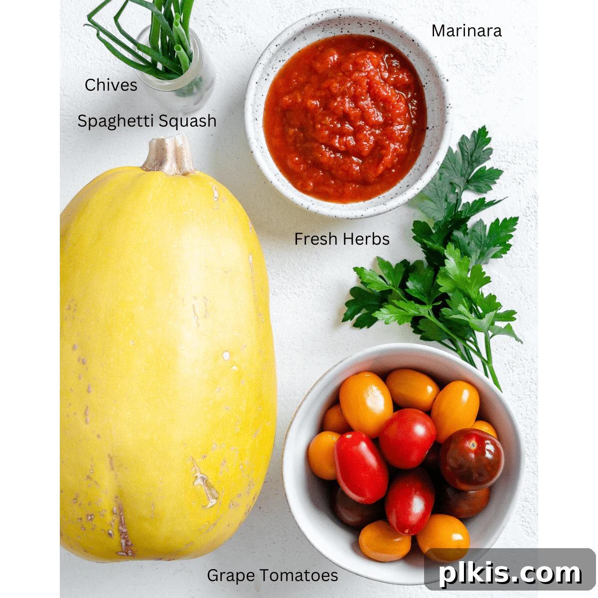 The Secret to Delicious Baked Spaghetti Squash 3 Ingredients for baking spaghetti squash, including one whole squash, a sharp knife, and a cutting board, arranged on a white background.