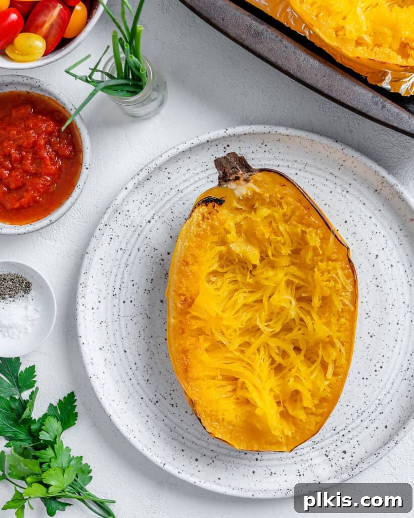 The Secret to Delicious Baked Spaghetti Squash 6 A perfectly roasted spaghetti squash half, showing the golden-brown edges and tender interior, ready for serving on a white plate.