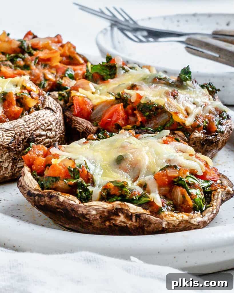 Portobello Pizza Caps 11 completed Portobello Mushroom Pizzas in a white serving tray