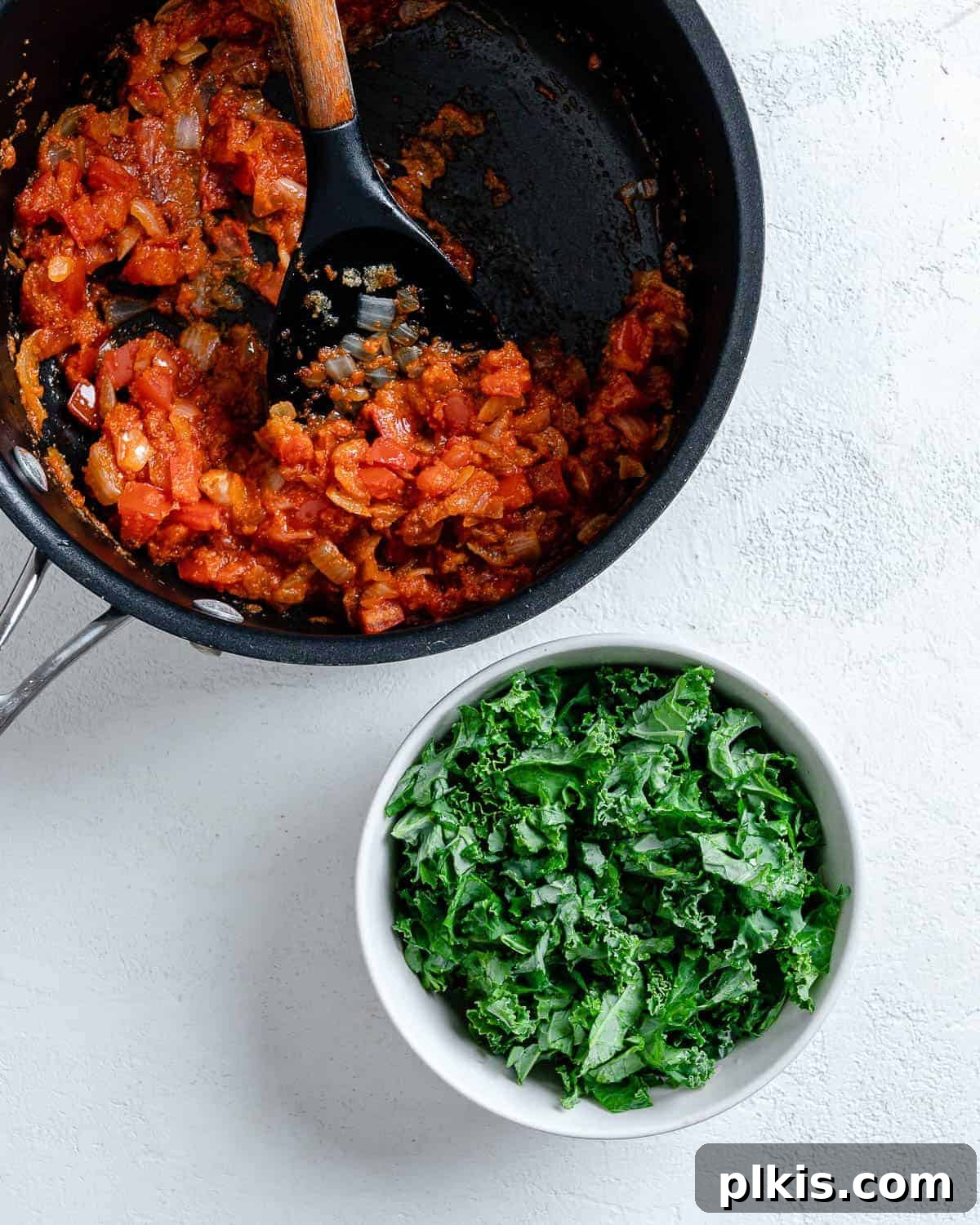Portobello Pizza Caps 6 process of tomatoes and marinara in pan. alongside a white bowl of greens