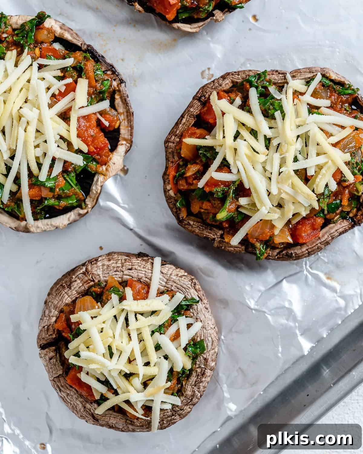 Portobello Pizza Caps 10 process of adding vegan cheese to Portobello Mushroom Pizzas