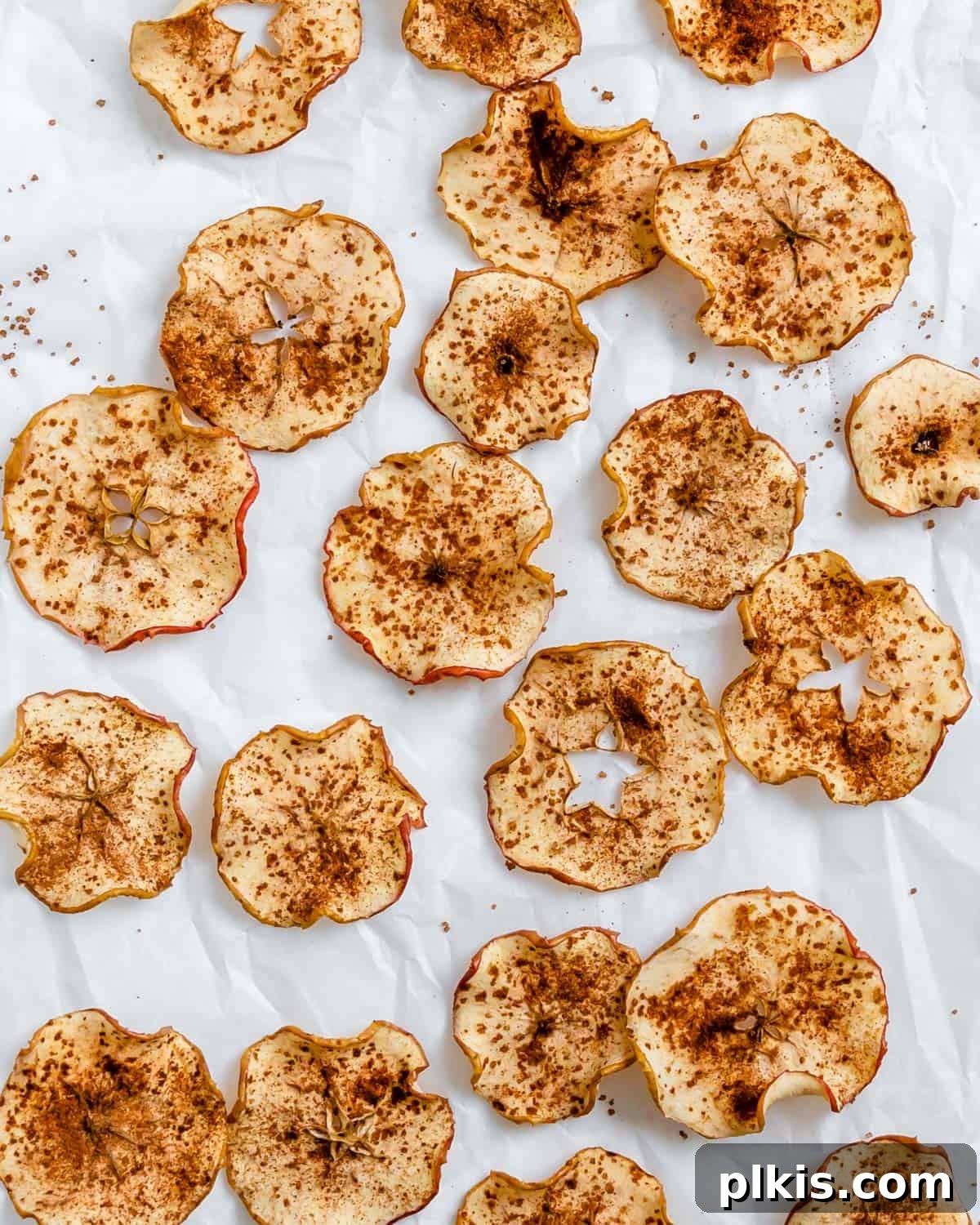 Crispy Apple Slices 2 Perfectly golden and crispy baked apple chips, neatly arranged against a clean white surface, showcasing their delicious texture and inviting color.