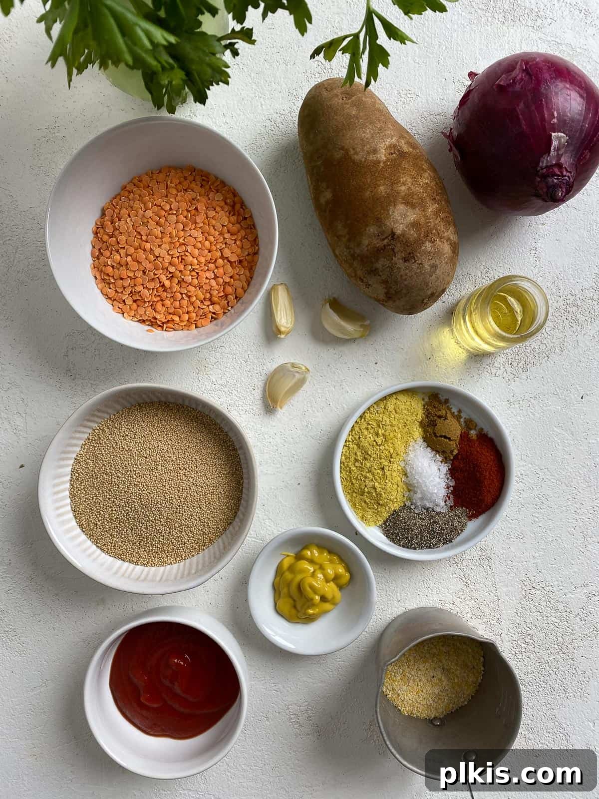 Wholesome Red Lentil Burgers 3 Ingredients for Easy Red Lentil Patties measured out against a white surface, ready for preparation.