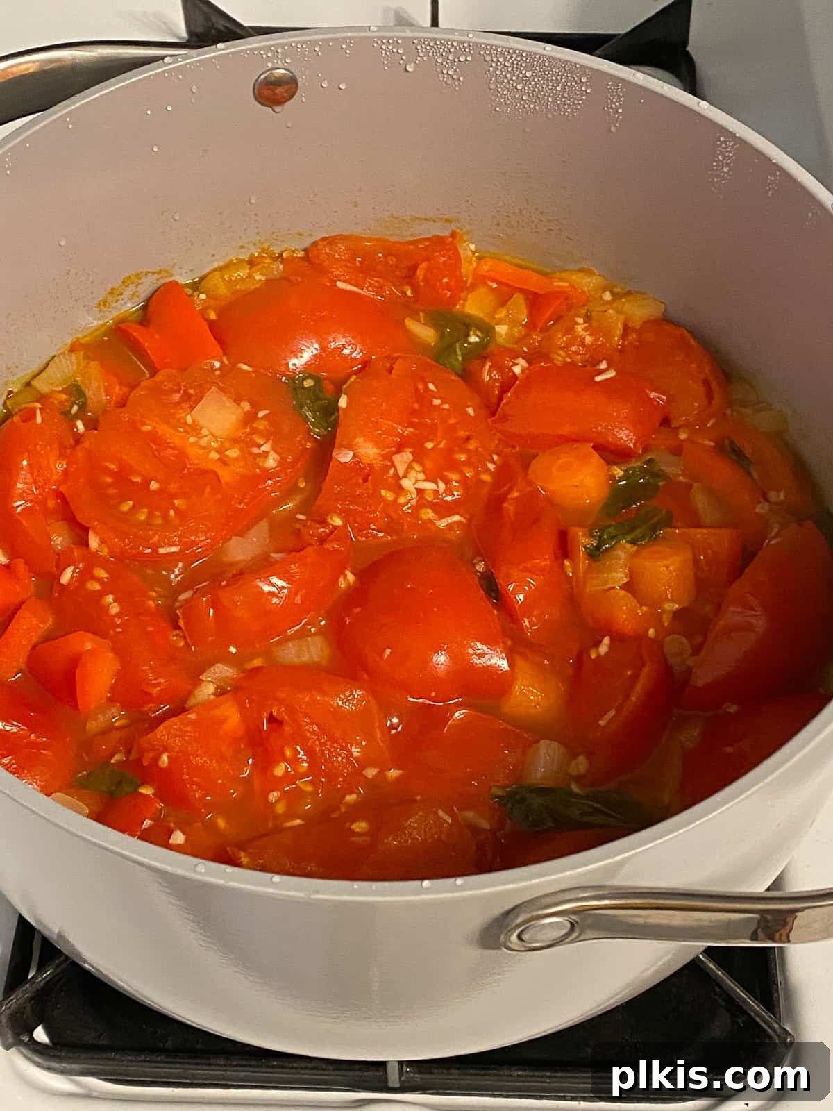 Velvety Vegan Tomato Basil Soup 11 process of tomato basil soup simmering in pot