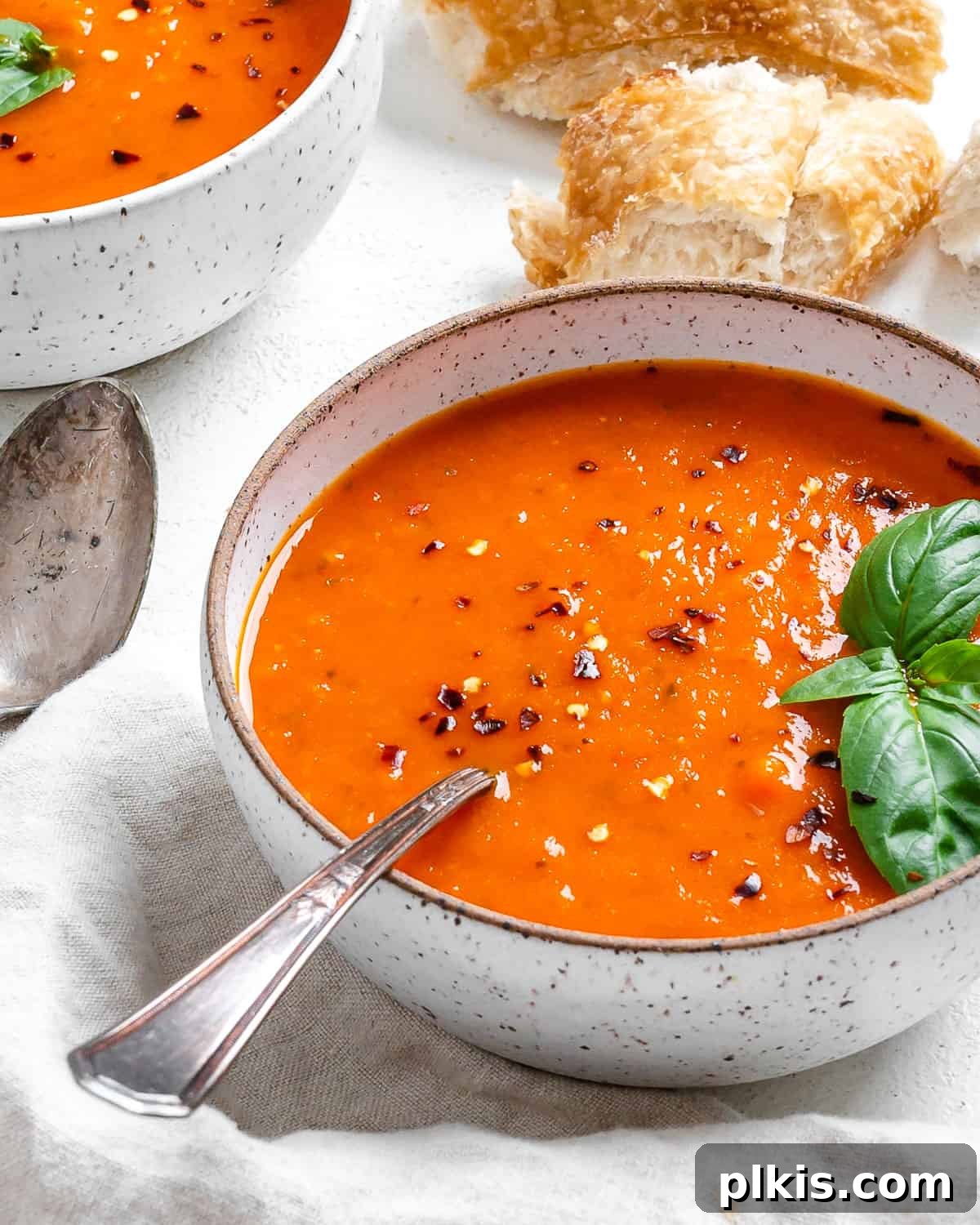 Velvety Vegan Tomato Basil Soup 15 completed Tomato Basil Soup in a bowl against a light surface with ingredients in the background