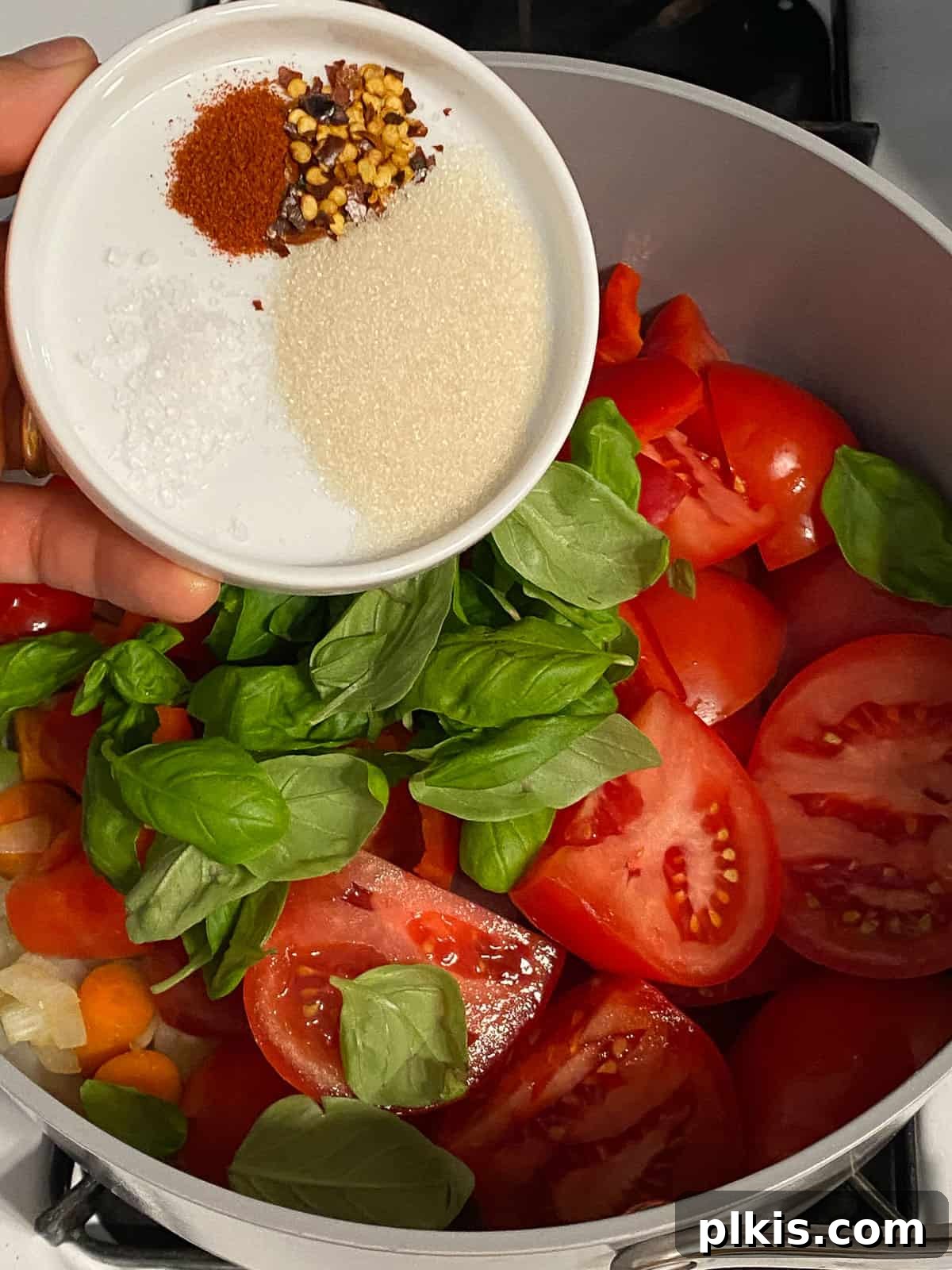 Velvety Vegan Tomato Basil Soup 9 process of adding spices to pan