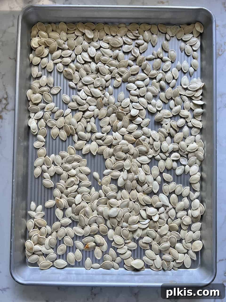 Fiery Roasted Pumpkin Seeds 4 Cleaned and dried pumpkin seeds spread evenly on a baking tray, ready for seasoning and roasting.
