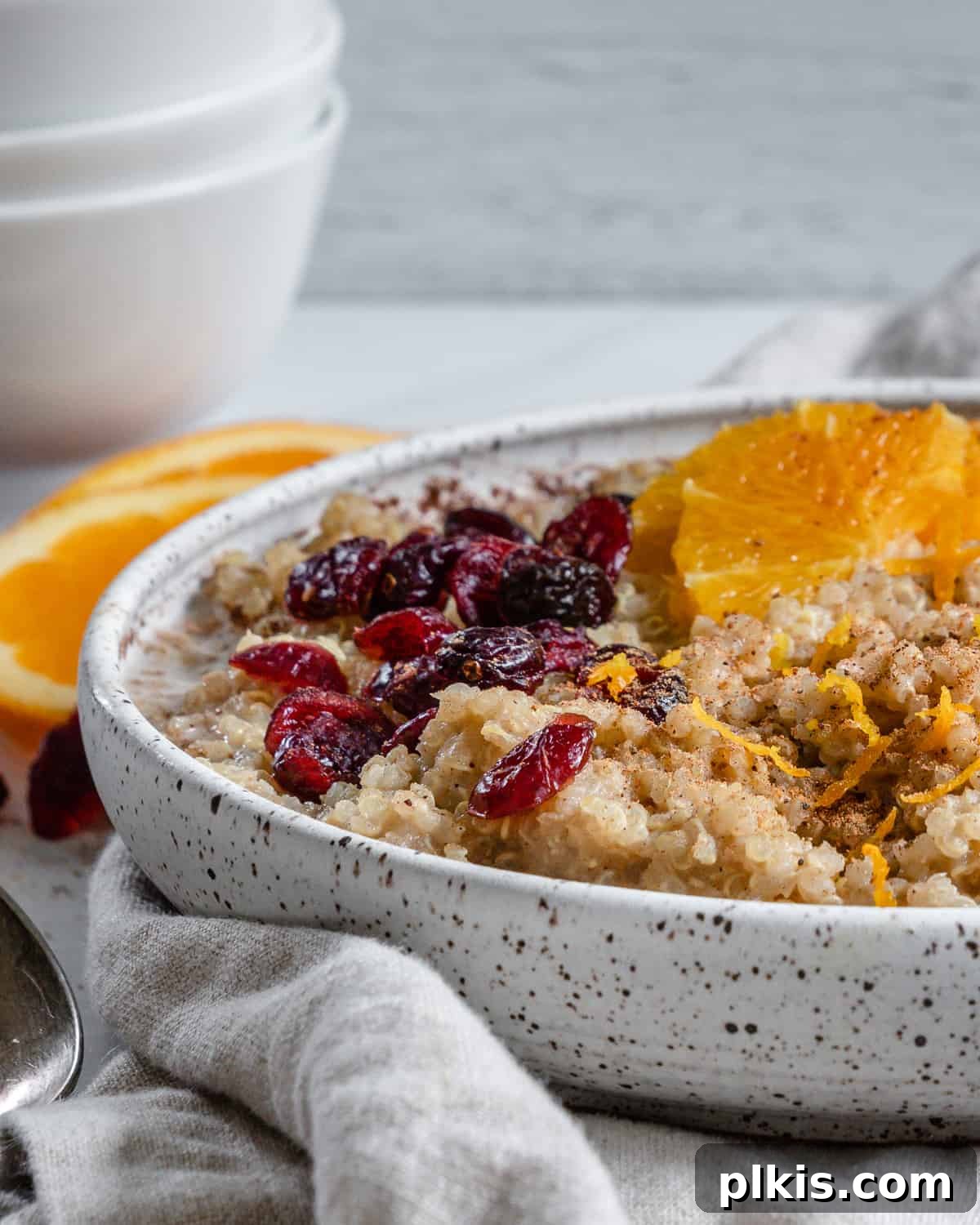 Spiced Orange Quinoa 6 A close-up, appetizing view of Cinnamon Orange Quinoa in a white bowl, showing the fluffy texture of the grains and specks of orange zest and dried fruit.