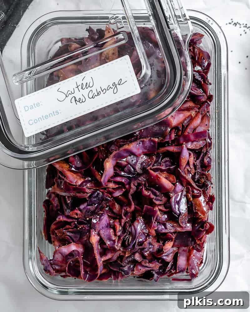 completed Sautéed Red Cabbage [4 Ways] in a storage container