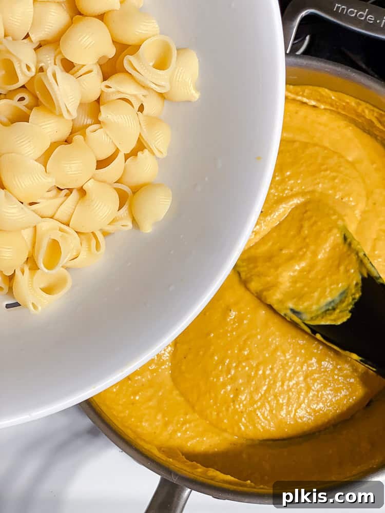 Golden Butternut Macaroni 8 Process shot showing cooked pasta being added to the creamy butternut squash cheese sauce in a pan.