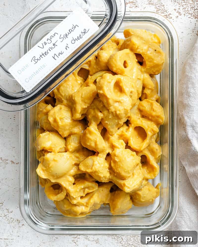 Golden Butternut Macaroni 10 Completed Butternut Squash Mac and Cheese in an airtight storage container.
