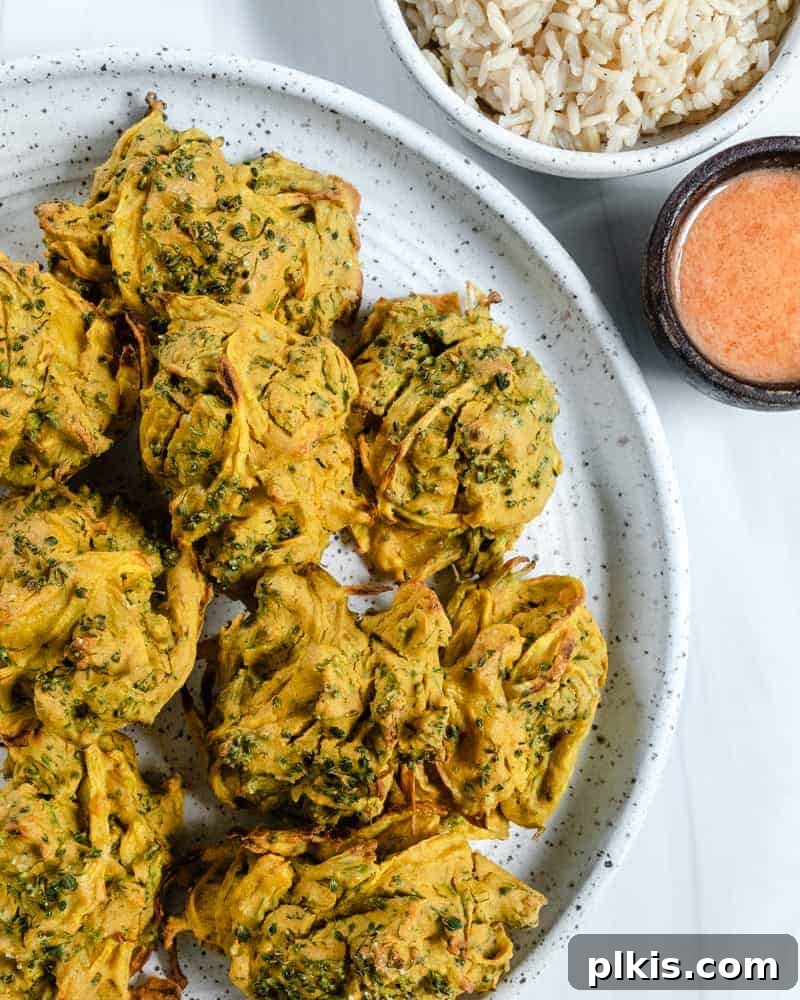 Crispy Broccoli Onion Pakora Bites 2 completed broccoli and onion pakora plated