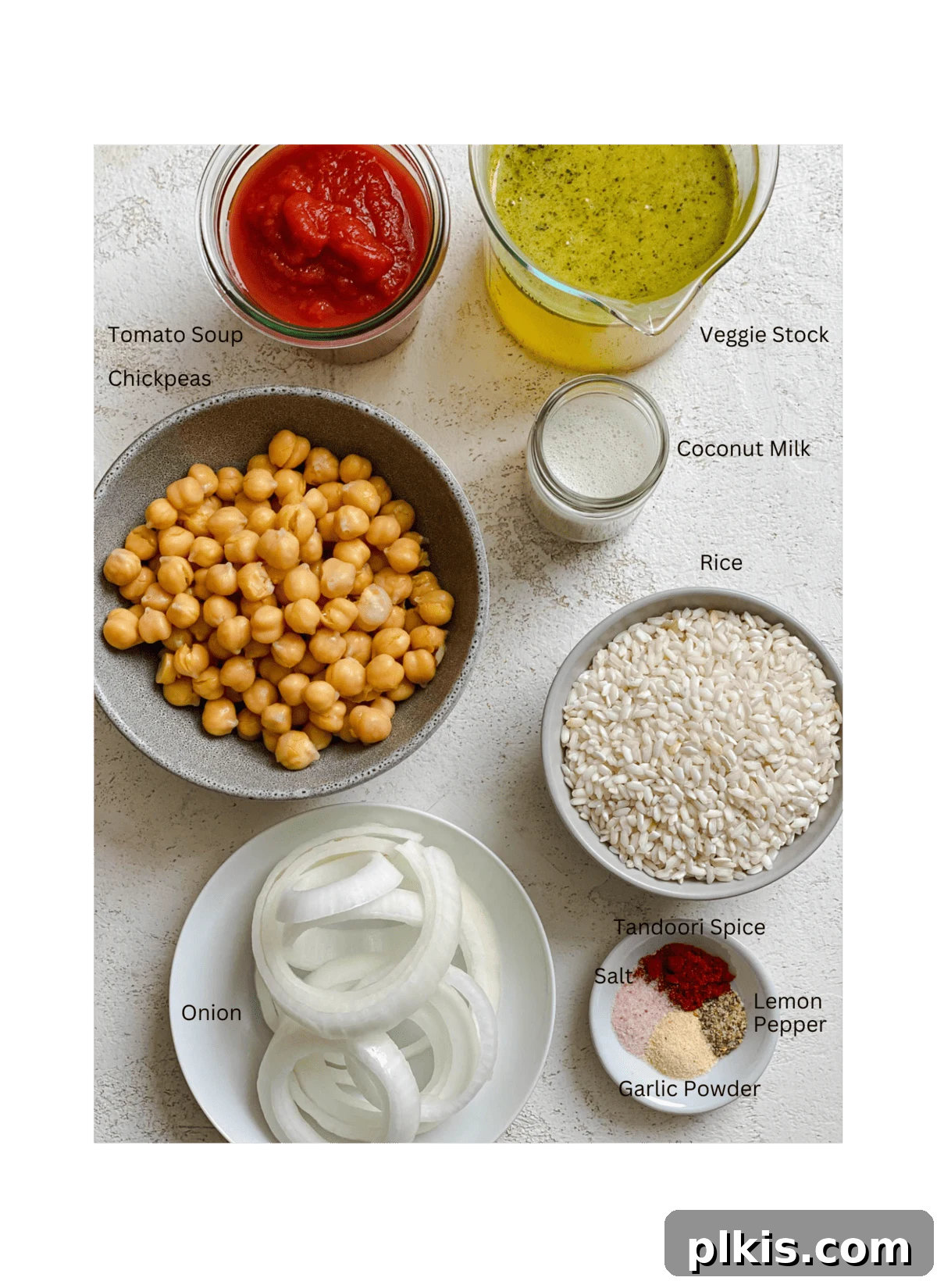 Creamy Tandoori Chickpea Curry Vegan 3 ingredients for Vegan Tandoori Chickpeas measured out against a white surface