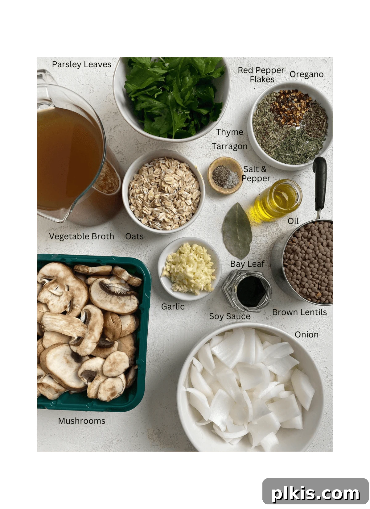 Mighty Lentil Meatballs 3 ingredients for Vegan Lentil Meatballs measured out against a white surface