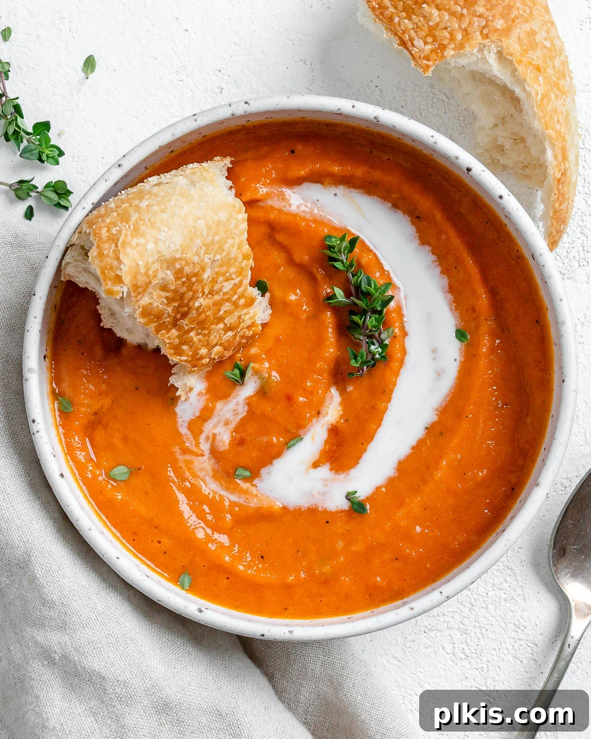 Velvety Vegan Tomato Thyme Bisque 7 Completed Vegan Tomato Bisque with Thyme in a white bowl against a light background.