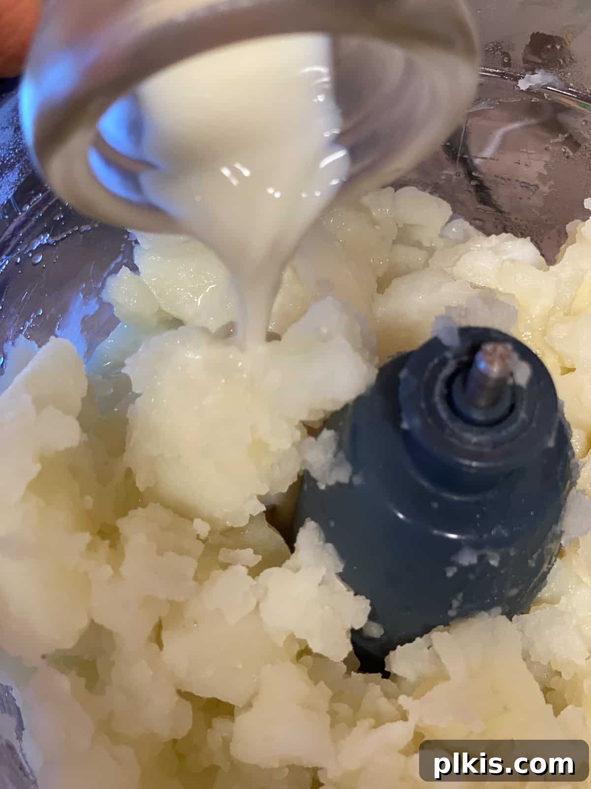 Velvety Roasted Red Pepper Soup 7 Plant-based milk being poured into a food processor with blended potatoes.