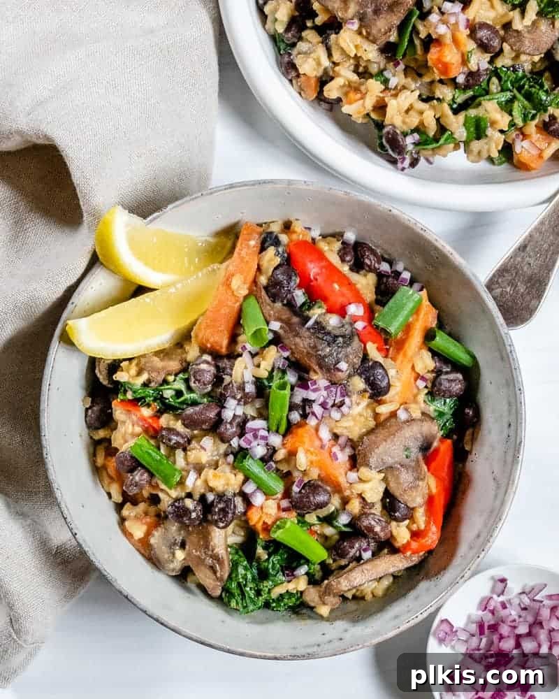 Garden Medley Rice Pilaf 2 A completed black bean and onion pilaf plated beautifully in a bowl, with another bowl gently blurred in the background, suggesting abundance and comfort.