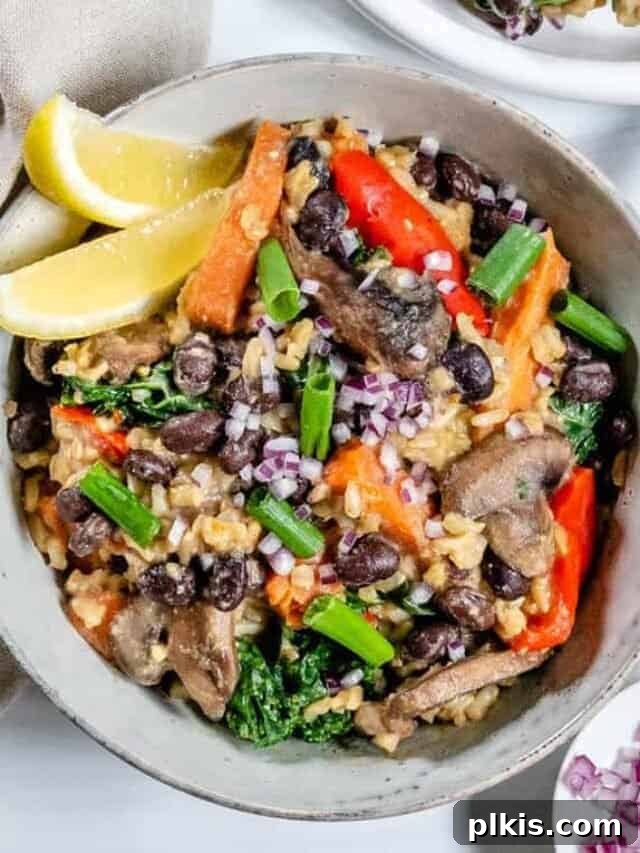 Garden Medley Rice Pilaf 4 A bowl of black bean and onion pilaf garnished with fresh herbs, highlighting its wholesome ingredients.