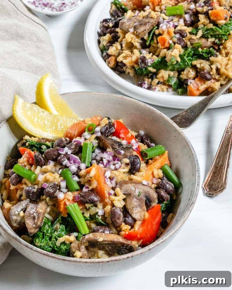 Garden Medley Rice Pilaf 5 A large serving of black bean and onion pilaf in a bowl, with a smaller bowl visible in the background, ready for sharing or leftovers.