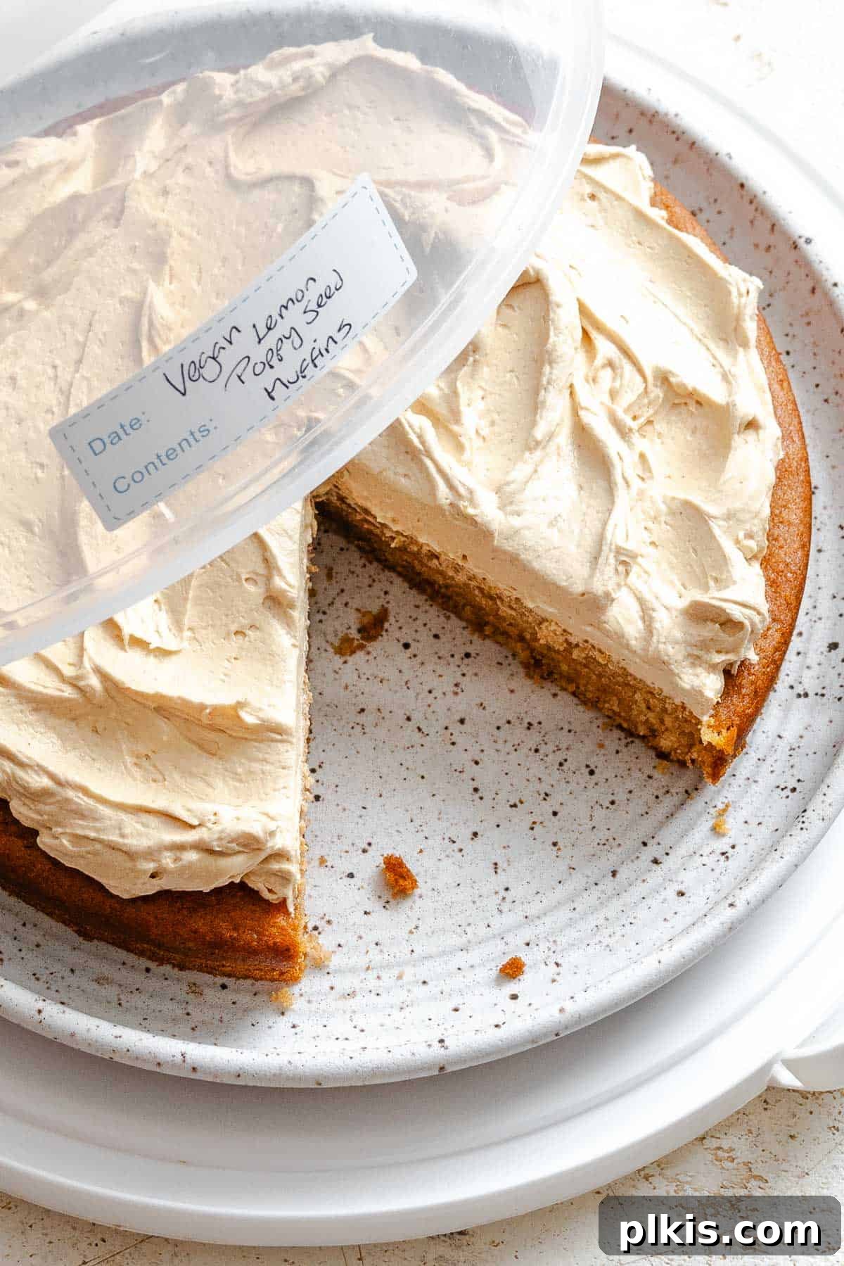 Rich Vegan Peanut Butter Bliss 10 Completed Vegan Peanut Butter Cake stored in a clear airtight container.