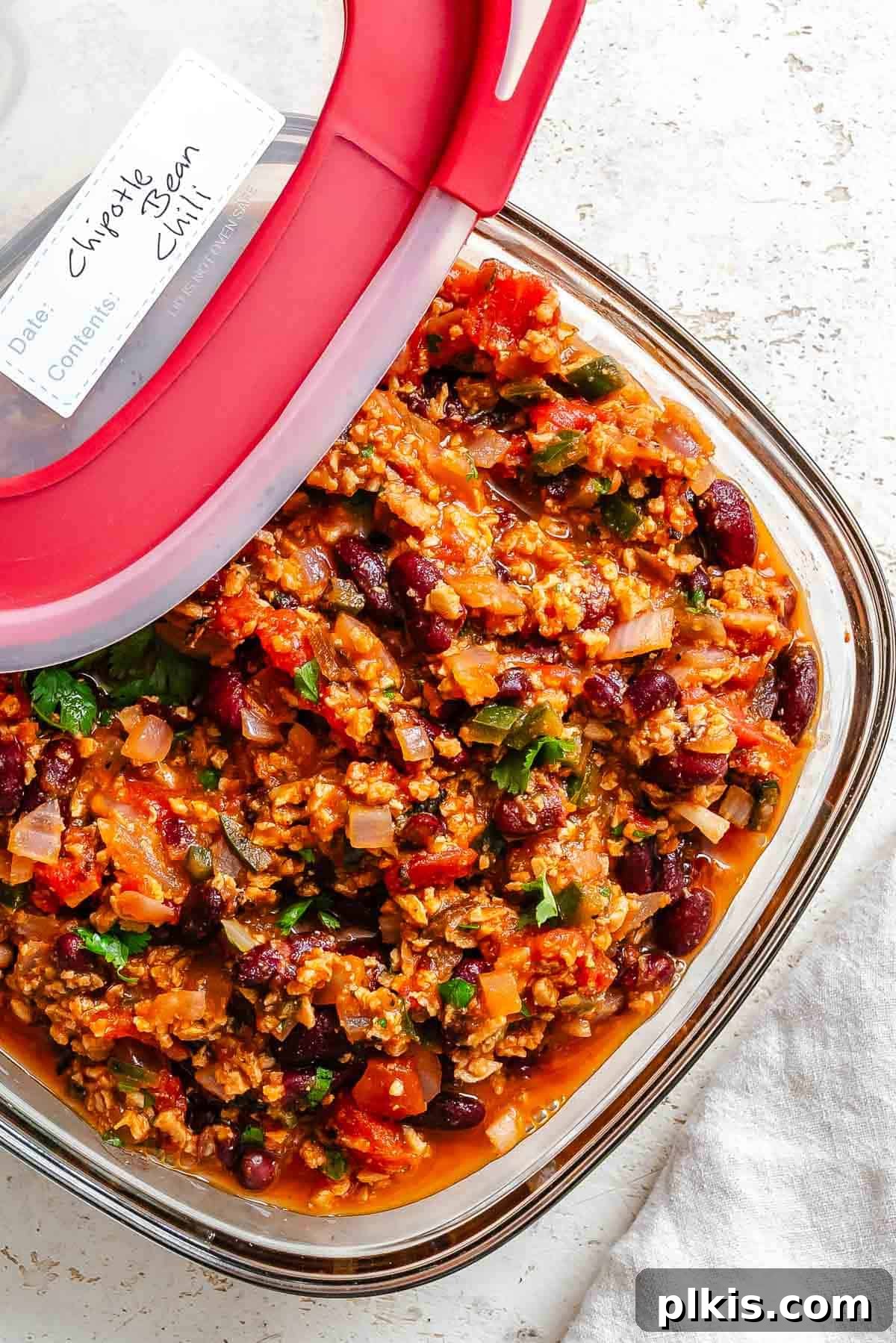 Smoky Chipotle Chili 10 Completed Chipotle Chili Recipe in a storage container, ready for refrigeration or freezing.