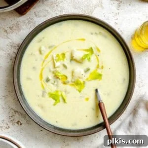 Velvety Celery Soup 10 Completed Cream of Celery Soup in a bowl.