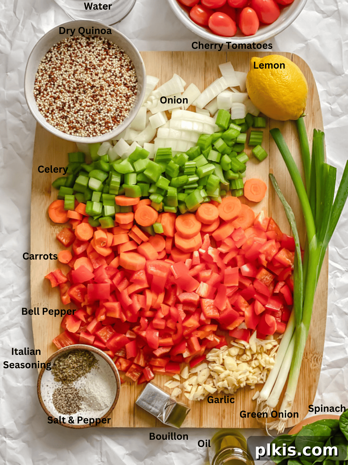 Hearty Quinoa and Vegetable Soup Recipe for Comforting Meals 3 ingredients for Quinoa Vegetable Soup measured out on a white surface