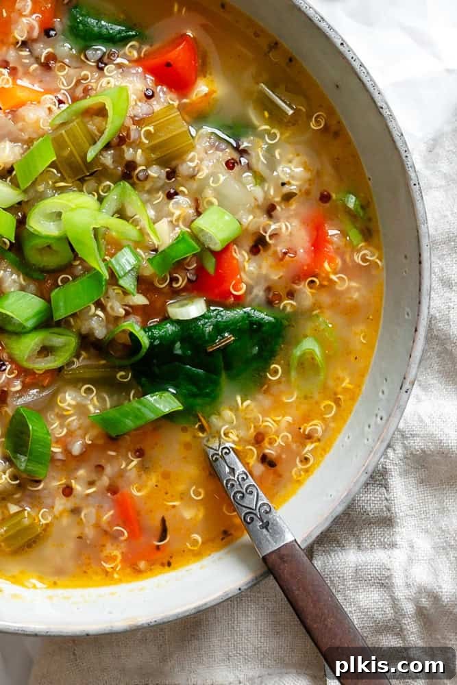 Hearty Quinoa and Vegetable Soup Recipe for Comforting Meals 8 completed Quinoa Vegetable Soup in a bowl