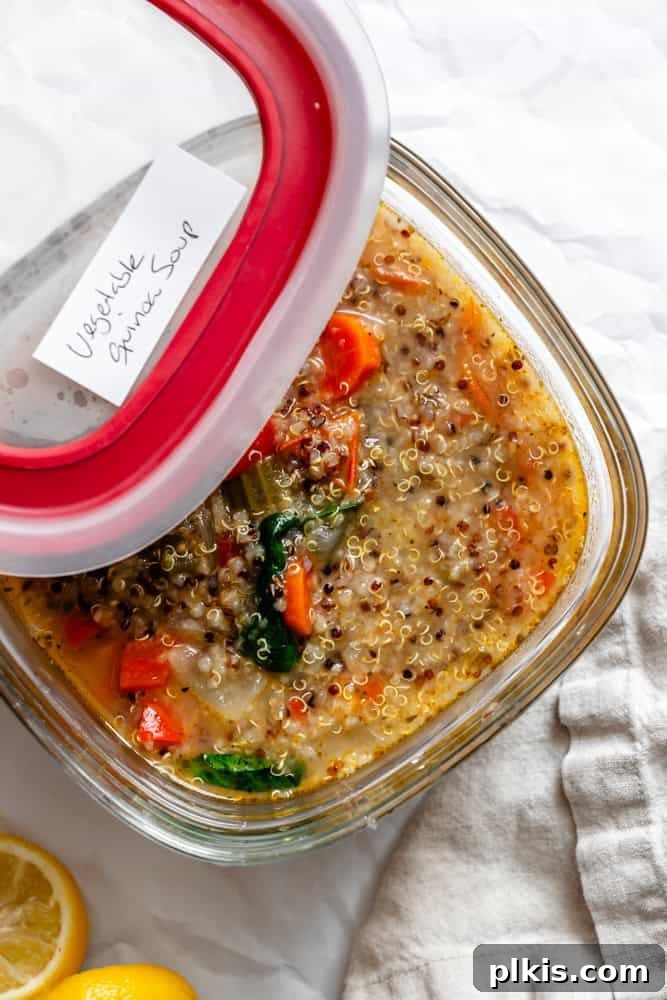 Hearty Quinoa and Vegetable Soup Recipe for Comforting Meals 9 completed Quinoa Vegetable Soup in a storage container