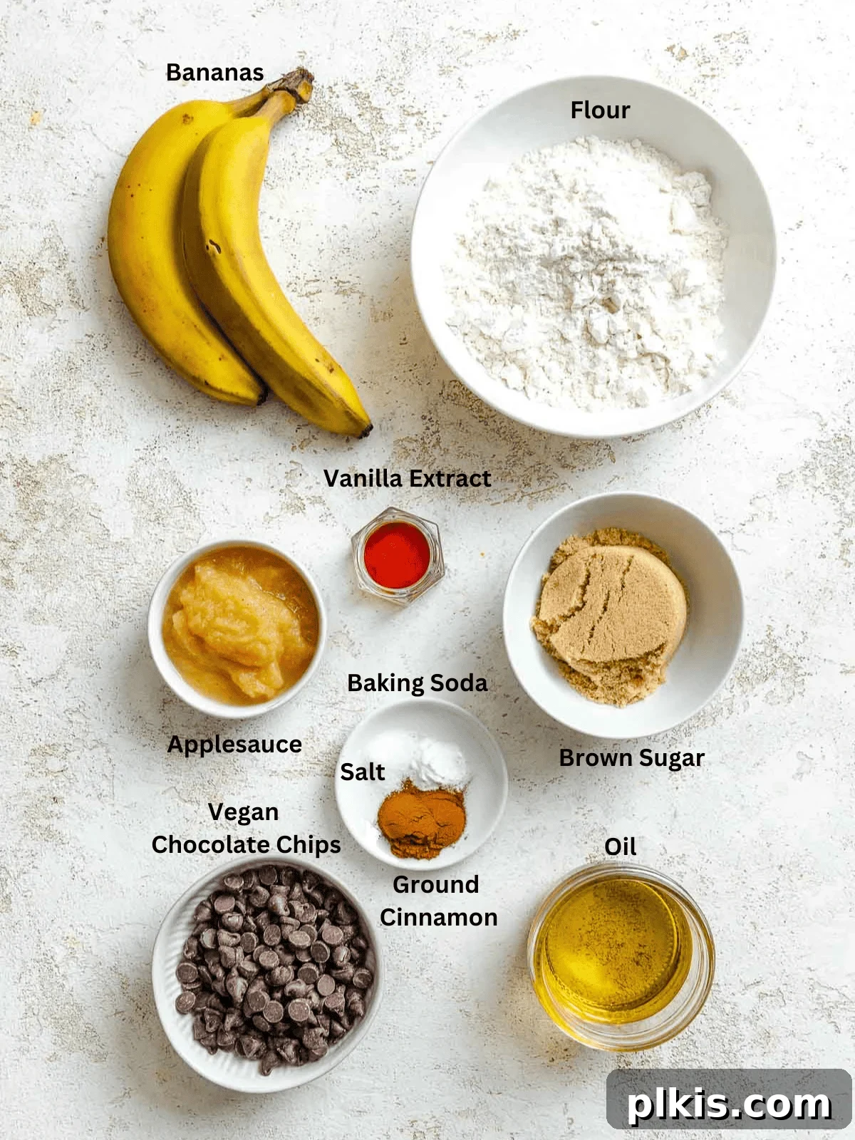Soft Chewy Banana Bread Cookies Recipe 3 Ingredients for Banana Bread cookies measured out on a white surface.