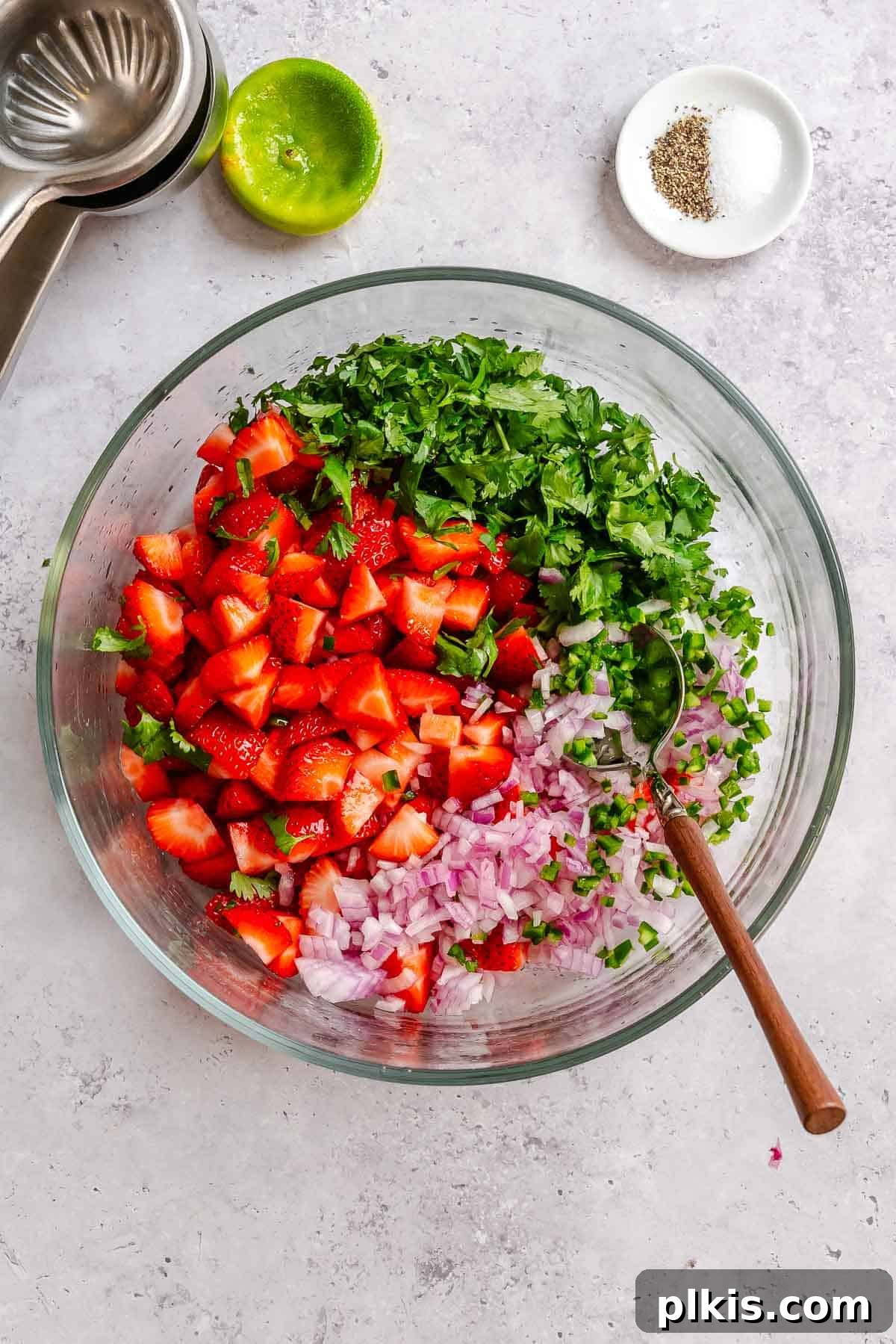 Fresh Strawberry Salsa: Sweet, Tangy Summer Recipe 6 Process shot showing ingredients in a bowl.