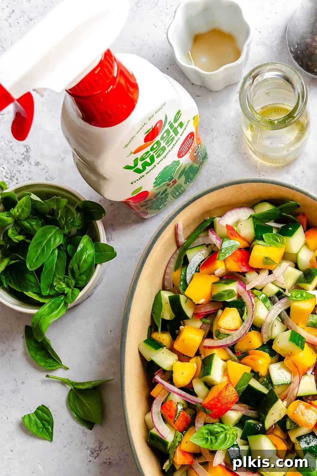 Cucumber and Peach Salad with Mint Lemon Vinaigrette 8 Completed Cucumber Peach Salad in a plate.