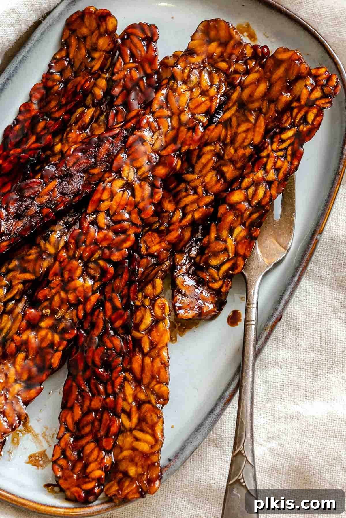 Completed Tempeh Bacon on a serving tray.