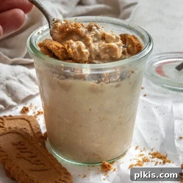 Chocolate Banana Baked Oatmeal with Peanut Butter Swirl 12 completed Biscoff Overnight Oats in a glass jar