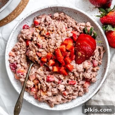 Chocolate Banana Baked Oatmeal with Peanut Butter Swirl 13 completed Strawberry Oatmeal in a bowl