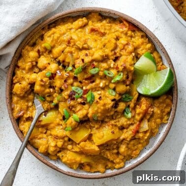 completed Easy Chickpea Lentil Curry on a white surface