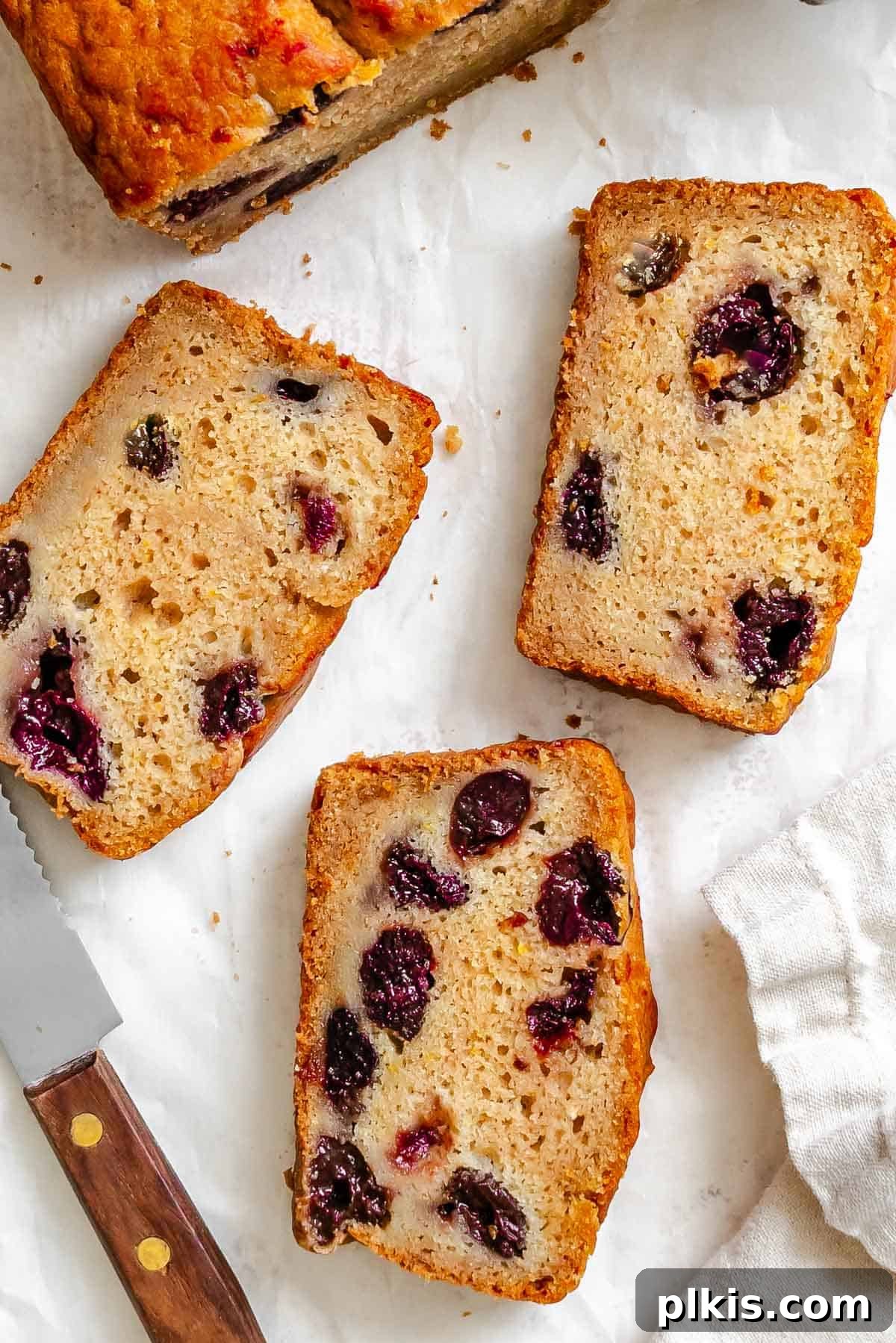 Eggless Cranberry Orange Bread Recipe 9 Completed slices of Cranberry Orange Bread (Eggless!) on a white surface.